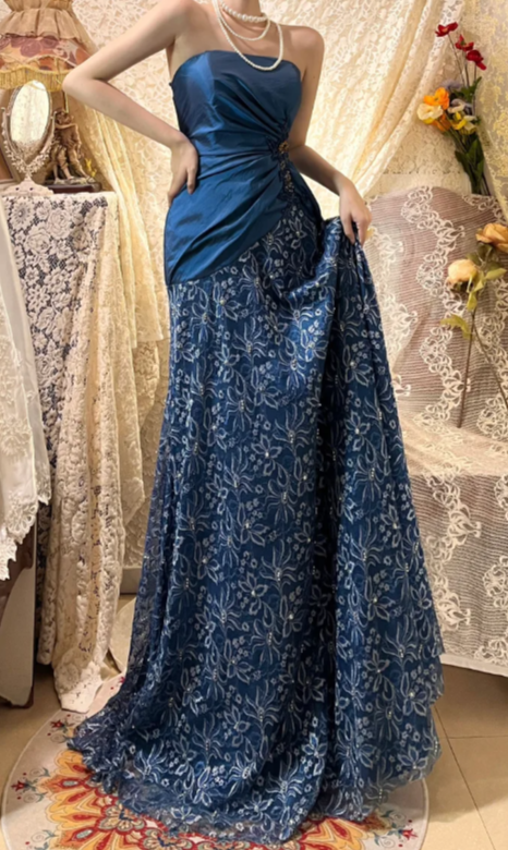 Chic A Line Strapless Satin Lace Without Sleeves Long Prom Dress,Evening Dress GG5617