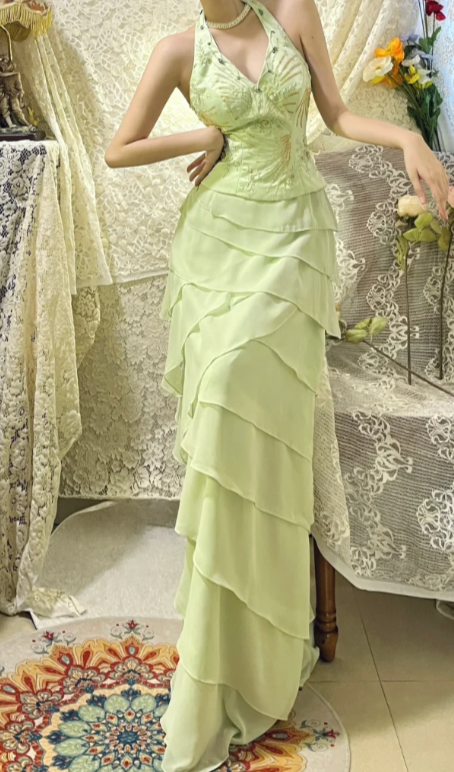 Pretty A Line Halter Satin Tiered Chiffon Sequin Without Sleeves Long Prom Dress,Evening Dress GG5618