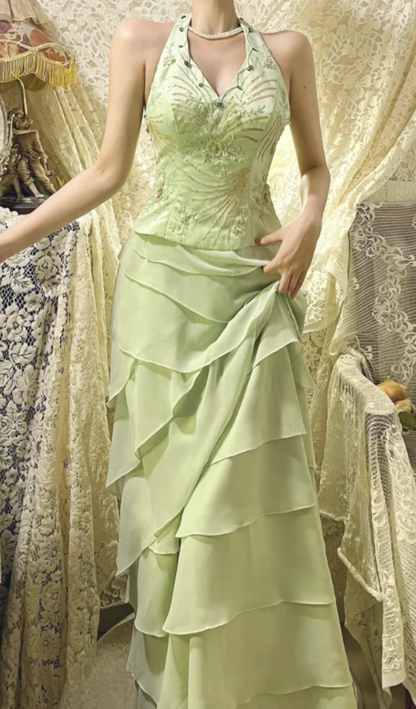 Pretty A Line Halter Satin Tiered Chiffon Sequin Without Sleeves Long Prom Dress,Evening Dress GG5618