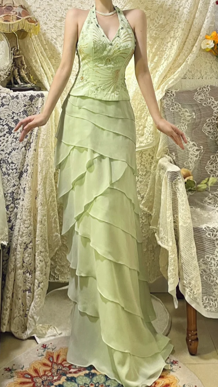 Pretty A Line Halter Satin Tiered Chiffon Sequin Without Sleeves Long Prom Dress,Evening Dress GG5618