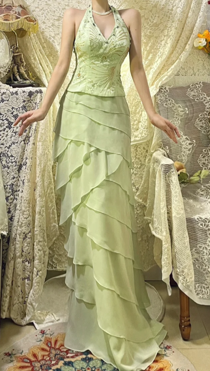Pretty A Line Halter Satin Tiered Chiffon Sequin Without Sleeves Long Prom Dress,Evening Dress GG5618