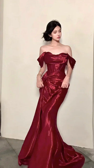 Chic Mermaid Burgundy Off The Shoulder Satin Slit Without Sleeves Long Prom Dress,Evening Dress GG5623