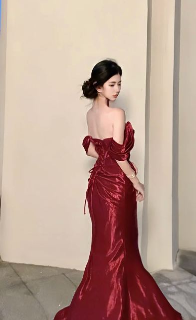 Chic Mermaid Burgundy Off The Shoulder Satin Slit Without Sleeves Long Prom Dress,Evening Dress GG5623