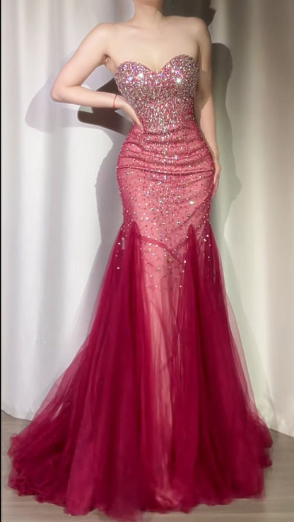 Shiny Mermaid Sweetheart Tulle Beaded Without Sleeves Long Prom Dress,Evening Dress GG5628