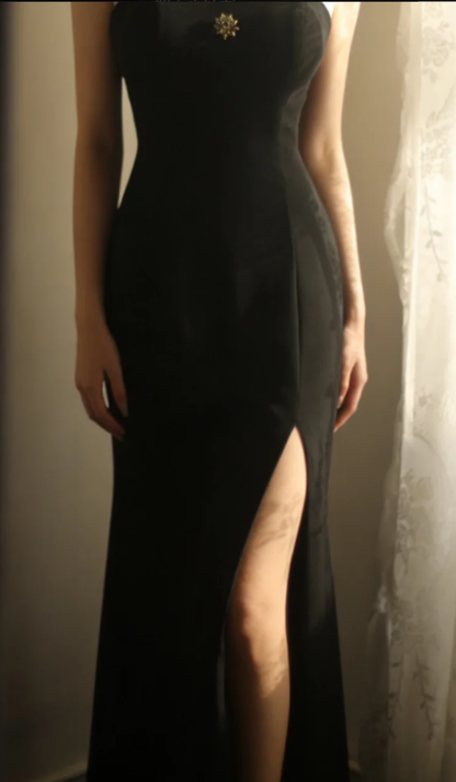Simple Style Mermaid Black Spaghetti Straps Satin Slit Without Sleeves Long Prom Dress,Evening Dress GG5639