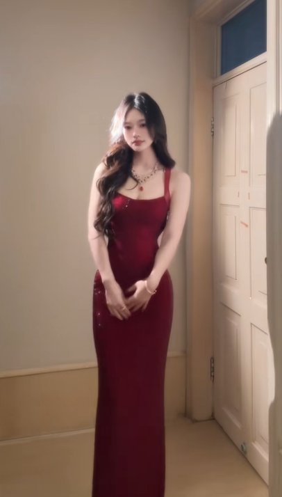 Sexy Mermaid Spaghetti Straps Burgundy Satin Sequin Without Sleeves Long Prom Dress,Evening Dress GG5642
