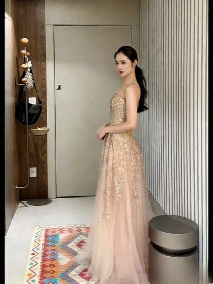 Shiny A Line Strapless Tulle Sequin Without Sleeves Long Prom Dress,Evening Dress GG5646