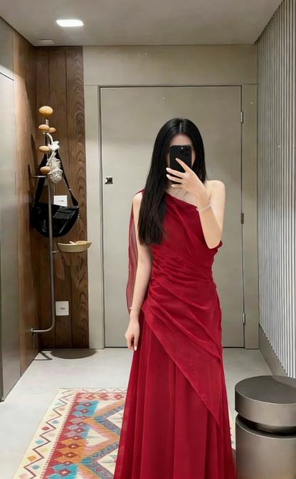 Charming A Line Burgundy One Shoulder Chiffon Long Prom Dress,Evening Dress GG5659