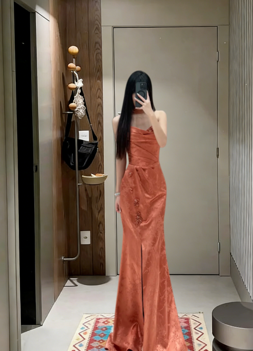 Chic Mermaid Strapless Satin Slit Long Prom Dress,Evening Dress GG5661