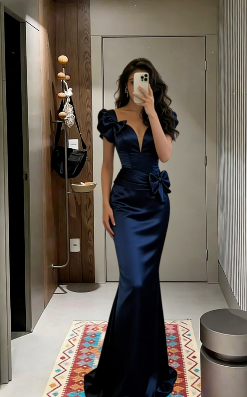 Sexy Mermaid V Neck Satin Long Prom Dress,Evening Dress GG5670