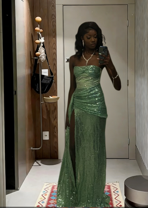 Unique A Line Strapless Satin Sequin Slit Long Prom Dress,Evening Dress GG5672