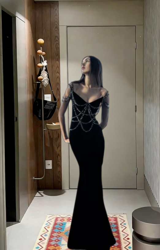 Obsessed Mermaid Spaghetti Straps Black Satin Beaded Long Prom Dress,Evening Dress GG5689