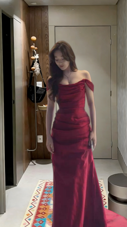 Classy Burgundy Mermaid Off The Shoulder Satin Long Prom Dress,Evening Dress GG5694
