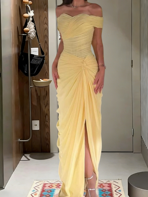 Pretty Mermaid Pastel Yellow Off The Shoulder Pleated Chiffon Long Prom Dress,Evening Dress GG5707