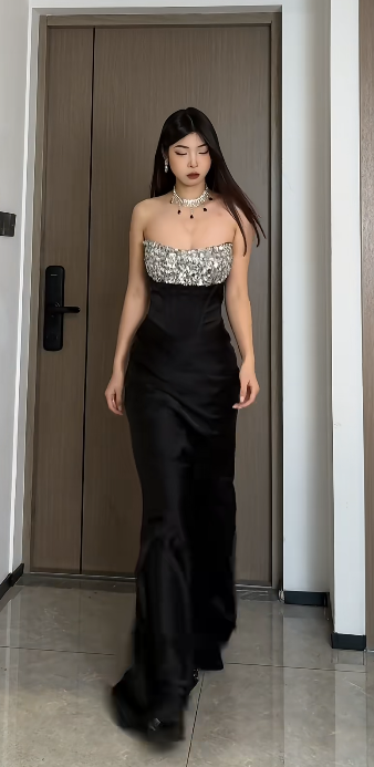 Chic Mermaid Strapless Satin Sequin Long Prom Dress,Evening Dress GG5792