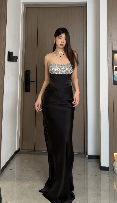 Chic Mermaid Strapless Satin Sequin Long Prom Dress,Evening Dress GG5792
