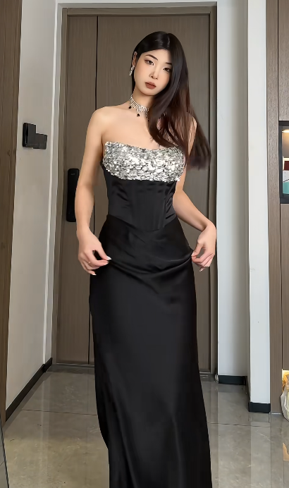 Chic Mermaid Strapless Satin Sequin Long Prom Dress,Evening Dress GG5792