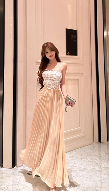 Obsessed A Line Strapless Chiffon Lace Long Prom Dress,Evening Dress GG5795