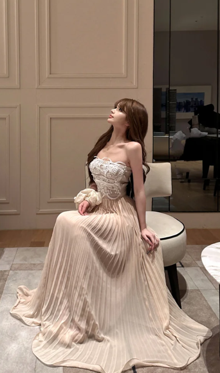Obsessed A Line Strapless Chiffon Lace Long Prom Dress,Evening Dress GG5795