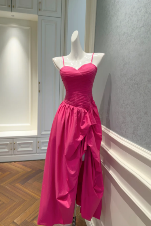 Pretty A Line Hot Pink Spaghetti Straps Satin Long Prom Dress,Evening Dress GG5797