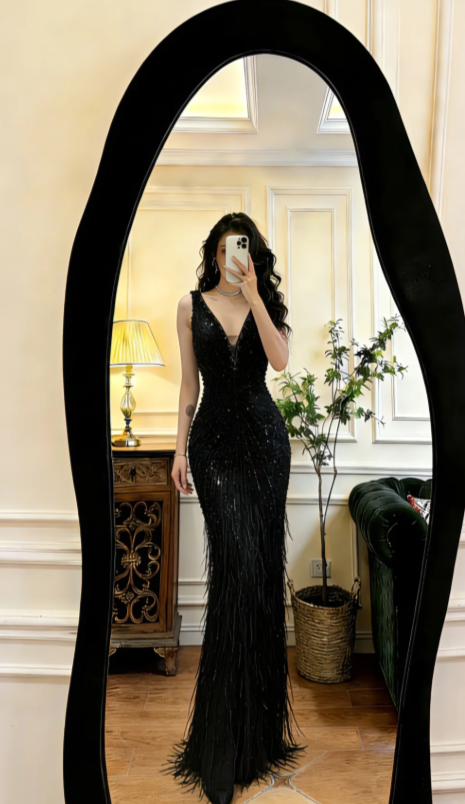 Obsessed Black Mermaid V Neck Sequin Long Prom Dress,Evening Dress GG5802