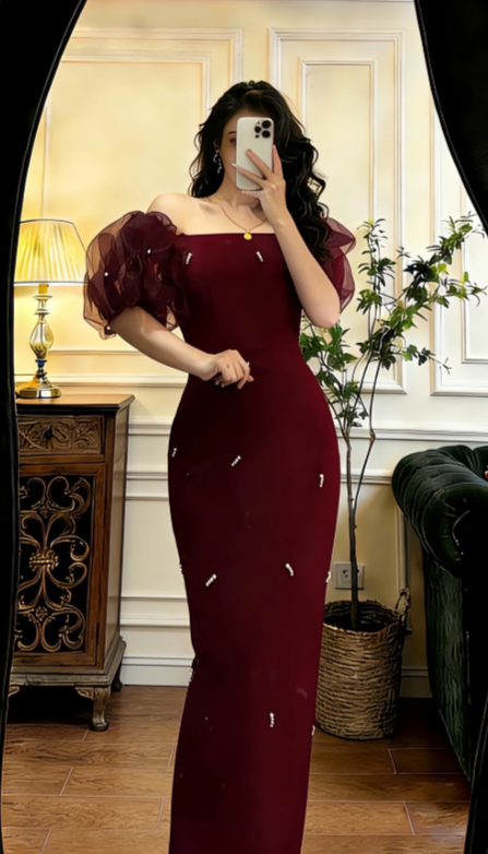 Vintage Burgundy Mermaid Off The Shoulder Satin Tulle Long Prom Dress,Evening Dress GG5805