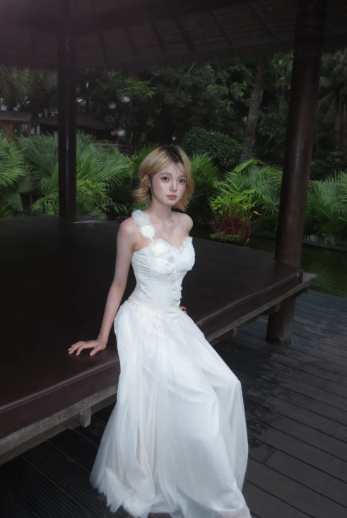 Sweet A Line White One Shoulder Satin Tulle Long Prom Dress,Evening Dress GG5819