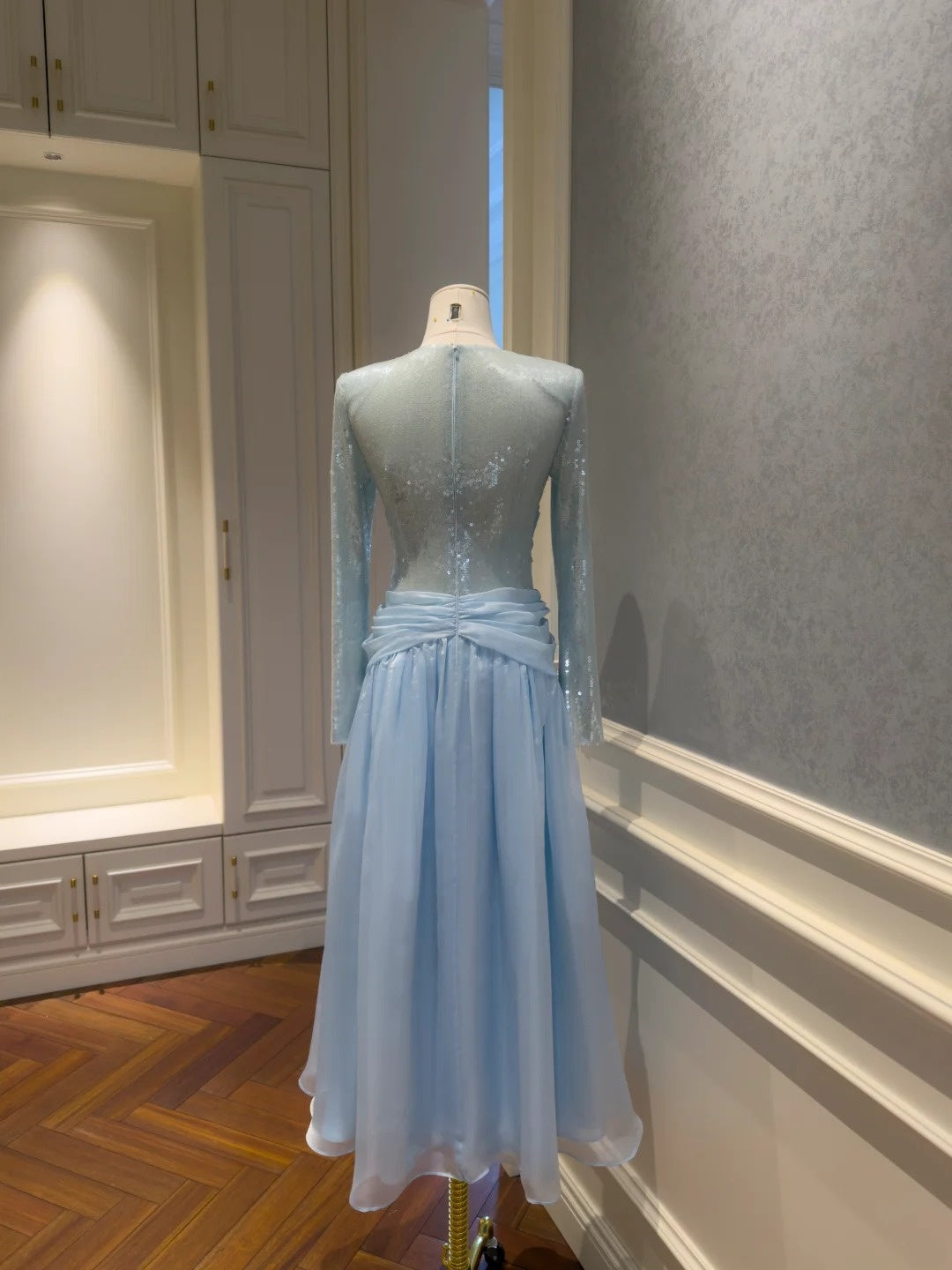 Trendy Jewewl Neck Blue Prom Dress Long Sleeve Sequins A-Line Evening Dress GG5831