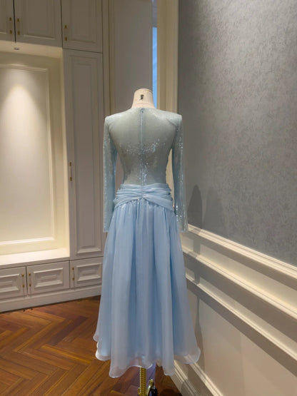 Trendy Jewewl Neck Blue Prom Dress Long Sleeve Sequins A-Line Evening Dress GG5831
