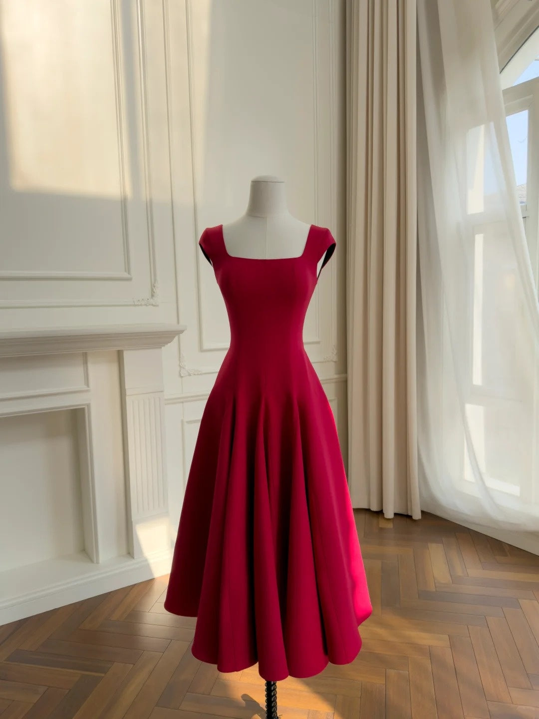 Sexy Square Neck Red Prom Dress Satin A-Line Evening Dress GG5832
