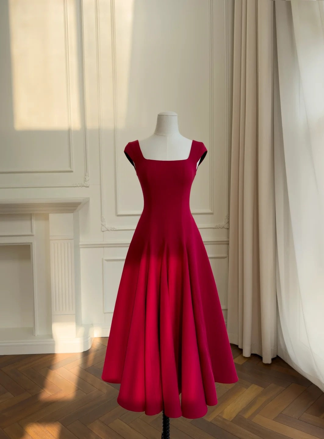 Sexy Square Neck Red Prom Dress Satin A-Line Evening Dress GG5832