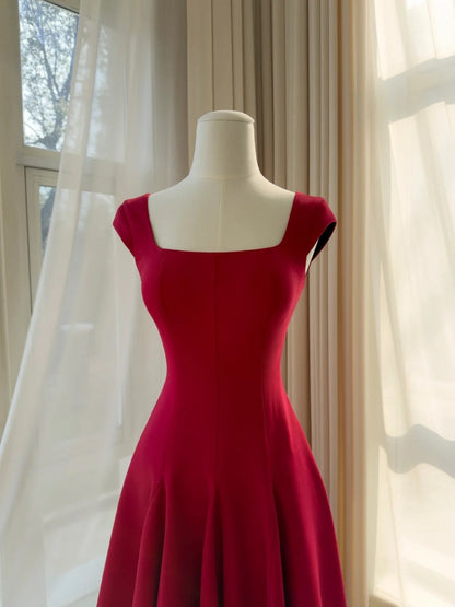 Sexy Square Neck Red Prom Dress Satin A-Line Evening Dress GG5832
