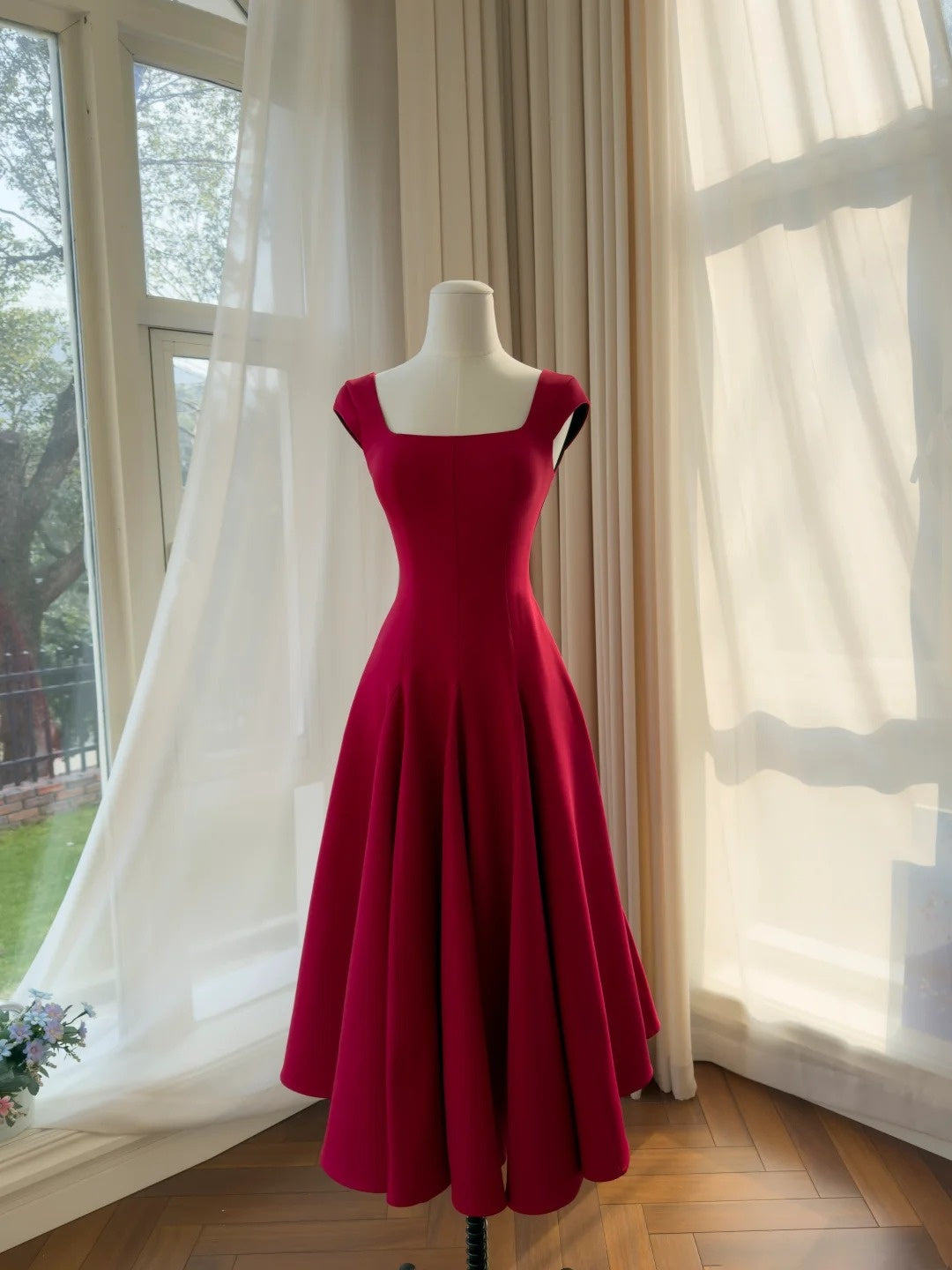 Sexy Square Neck Red Prom Dress Satin A-Line Evening Dress GG5832