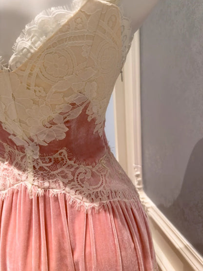 Sweet Spaghetti Straps Pink Prom Dress Velvet Lace A-Line Evening Dress GG5833