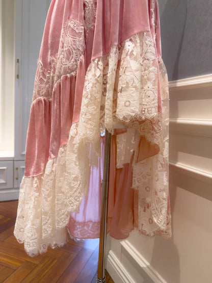 Sweet Spaghetti Straps Pink Prom Dress Velvet Lace A-Line Evening Dress GG5833