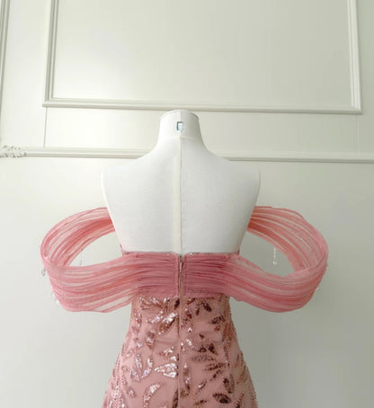 Adorable Off-The-Shoulder Homecoming Dress Pink Short Birthday Dress Sequins Crystals Mini Dress GG5834