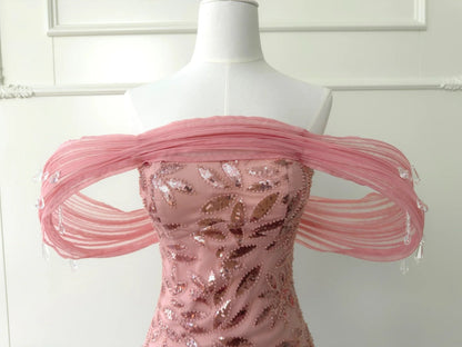 Adorable Off-The-Shoulder Homecoming Dress Pink Short Birthday Dress Sequins Crystals Mini Dress GG5834