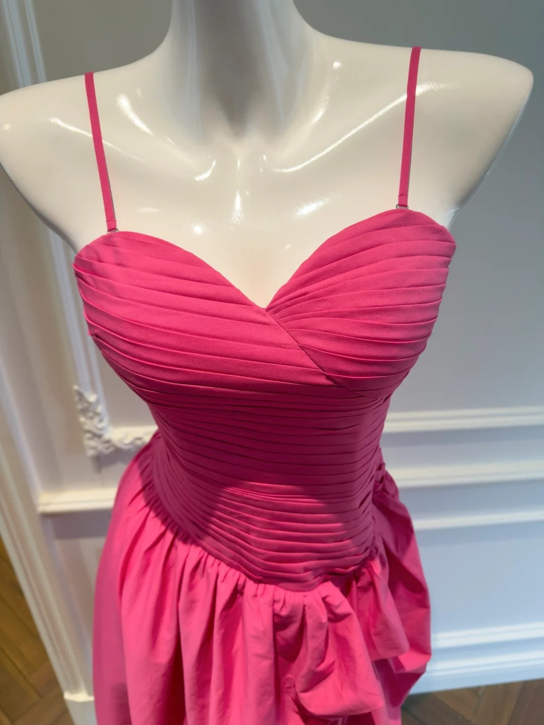 Simple Spaghetti Straps Hot Pink Prom Dress Slit Pleated A-Line Evening Dress GG5835