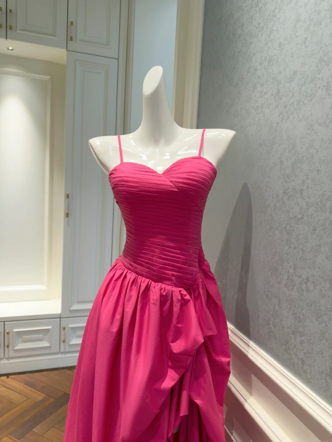 Simple Spaghetti Straps Hot Pink Prom Dress Slit Pleated A-Line Evening Dress GG5835
