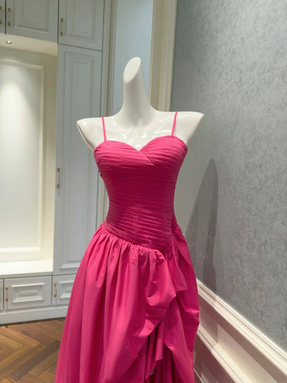 Simple Spaghetti Straps Hot Pink Prom Dress Slit Pleated A-Line Evening Dress GG5835