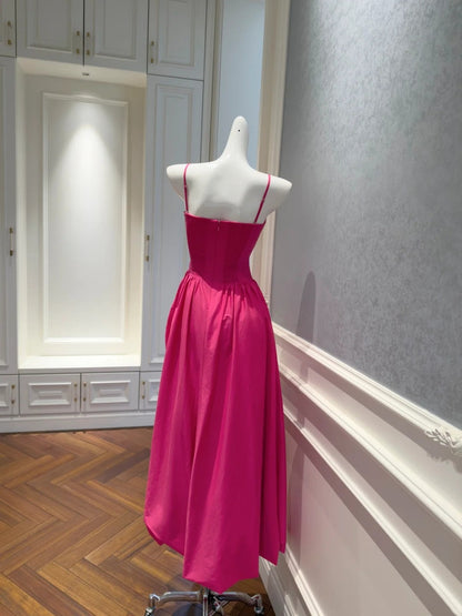 Simple Spaghetti Straps Hot Pink Prom Dress Slit Pleated A-Line Evening Dress GG5835