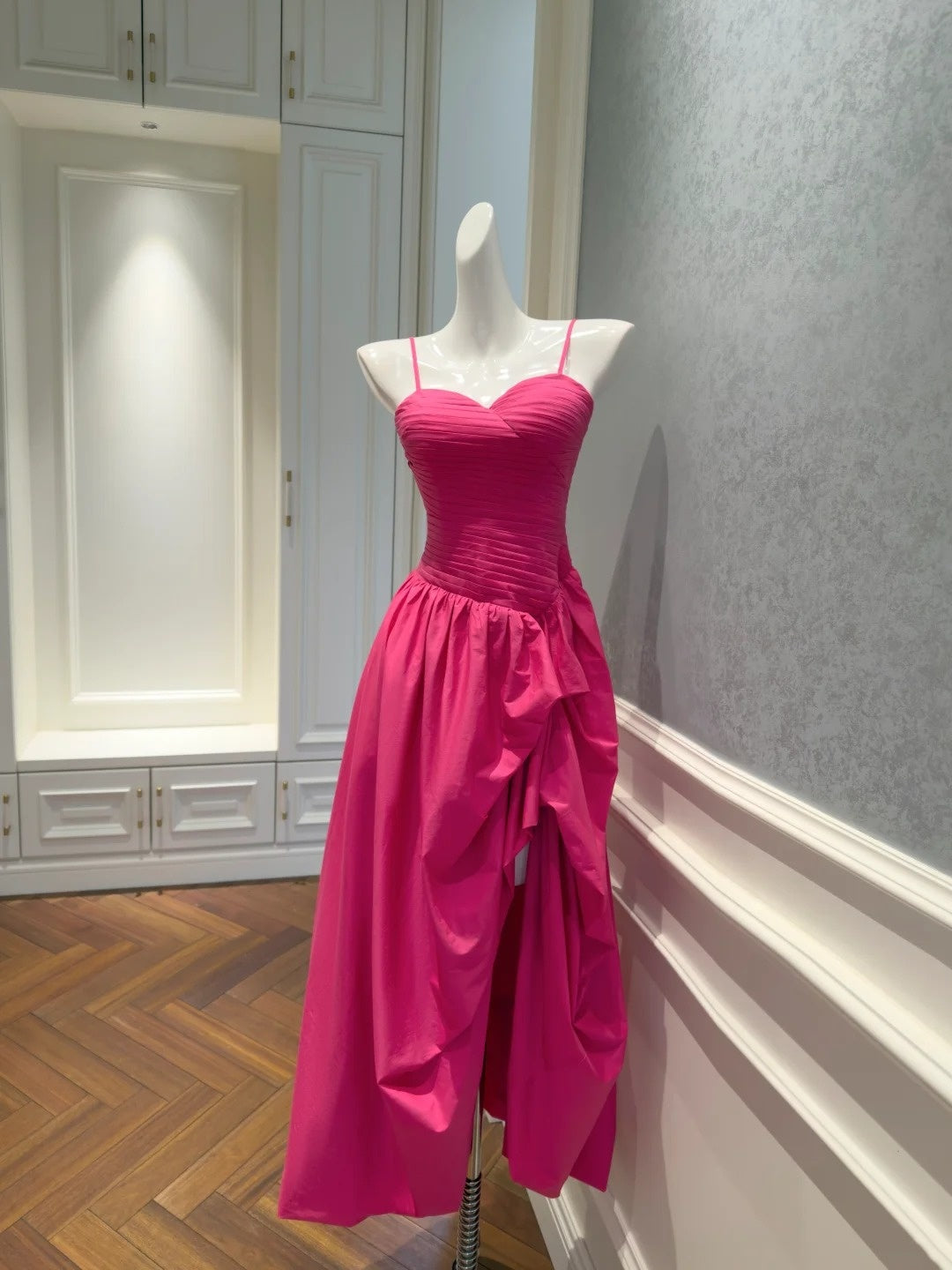 Simple Spaghetti Straps Hot Pink Prom Dress Slit Pleated A-Line Evening Dress GG5835