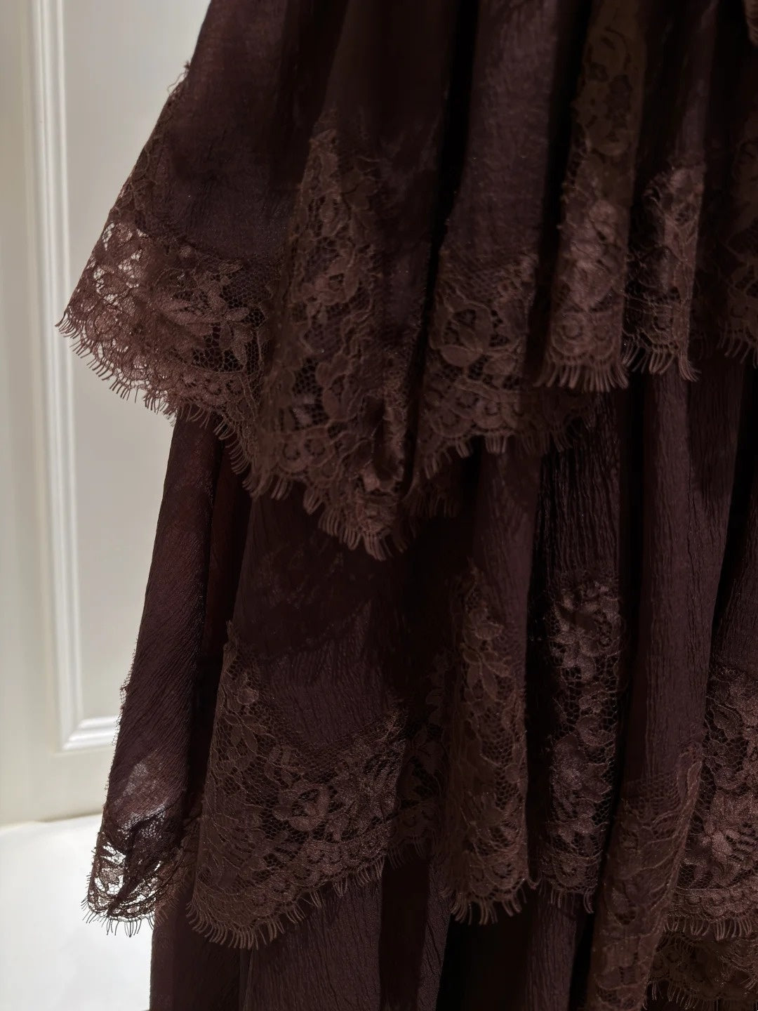 Casual Spaghetti Straps Dark Brown Prom Dress Lace Tiered A-Line Evening Dress GG5841