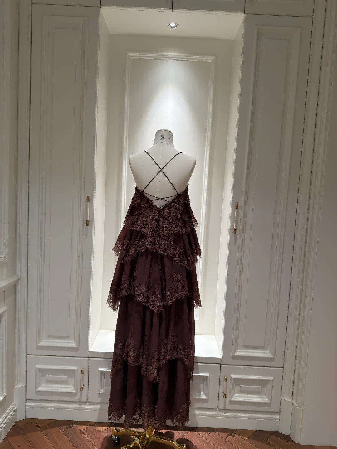 Casual Spaghetti Straps Dark Brown Prom Dress Lace Tiered A-Line Evening Dress GG5841
