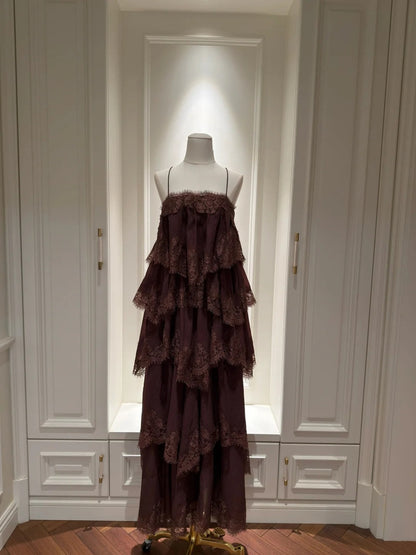 Casual Spaghetti Straps Dark Brown Prom Dress Lace Tiered A-Line Evening Dress GG5841