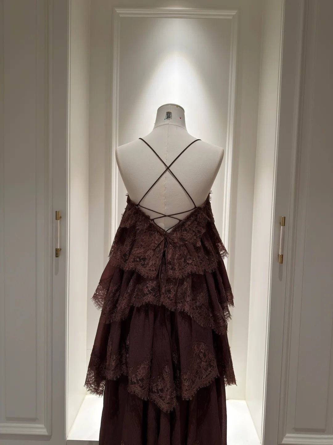 Casual Spaghetti Straps Dark Brown Prom Dress Lace Tiered A-Line Evening Dress GG5841