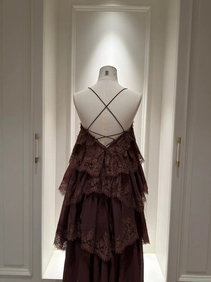 Casual Spaghetti Straps Dark Brown Prom Dress Lace Tiered A-Line Evening Dress GG5841