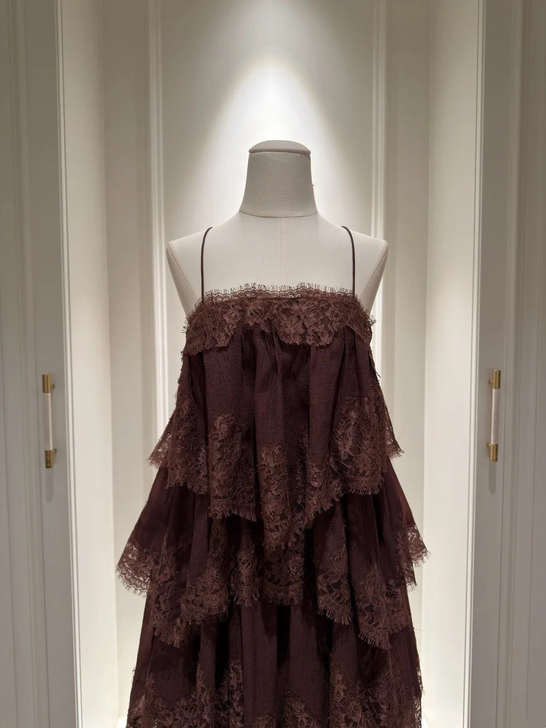 Casual Spaghetti Straps Dark Brown Prom Dress Lace Tiered A-Line Evening Dress GG5841