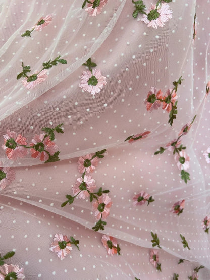 Sweet V Neck Pink Prom Dress Floral Polka Dots A-Line Evening Dress GG5844