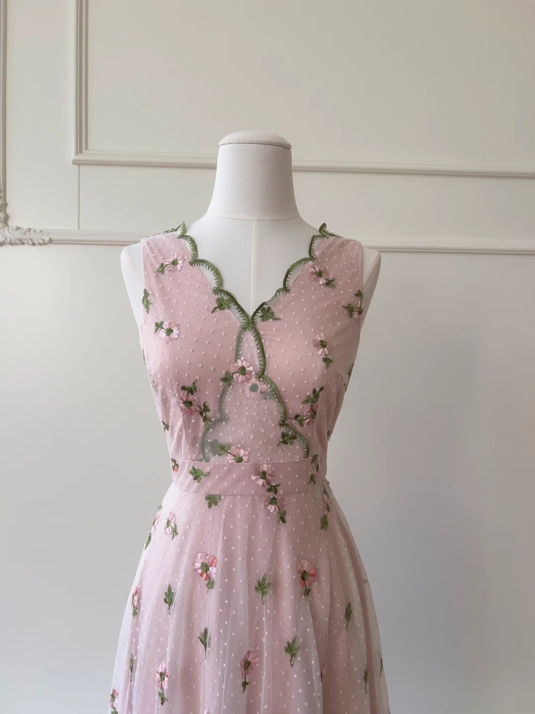 Sweet V Neck Pink Prom Dress Floral Polka Dots A-Line Evening Dress GG5844